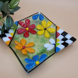 Whimsical Fused Glass 6" Dish Black & Checked w/ DaisysWhite